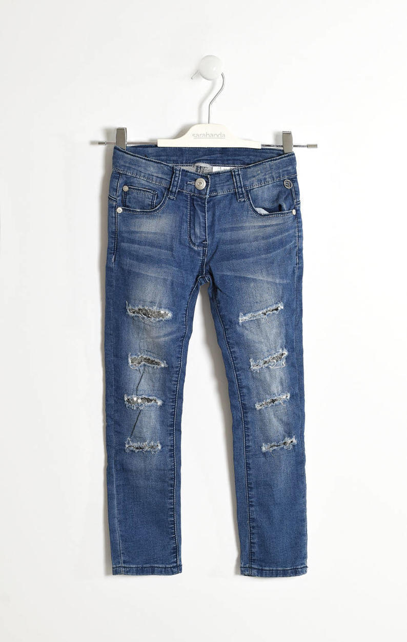 Pantalone in denim con toppe di paillettes per bambina da 6 a 16 anni  Sarabanda - Miniconf Shop