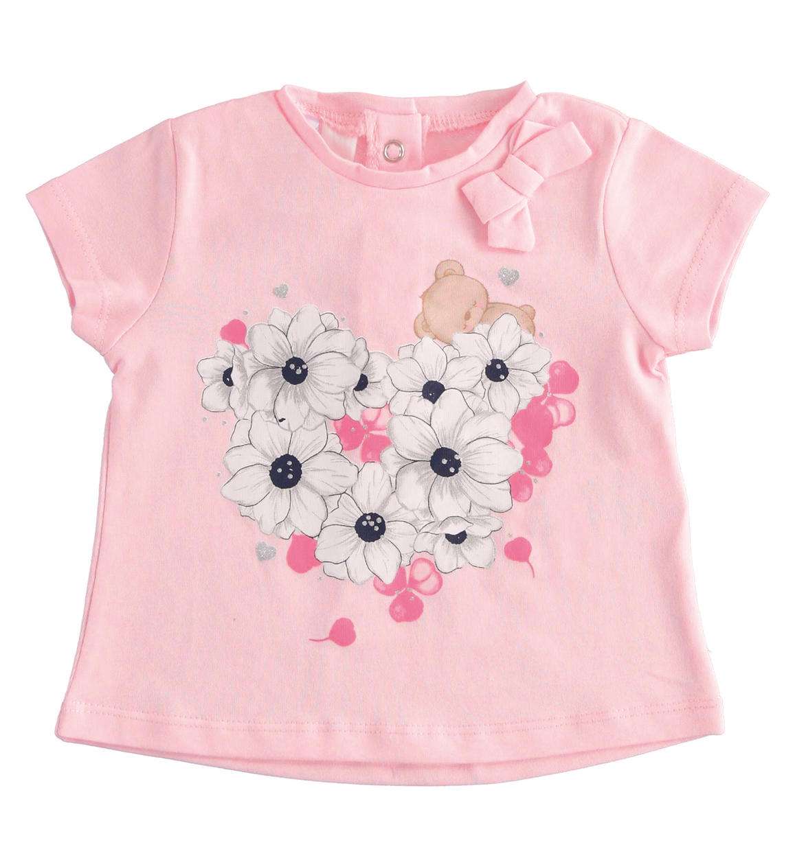 T-shirt neonata 100% cotone con cuore di fiori ROSA iDO