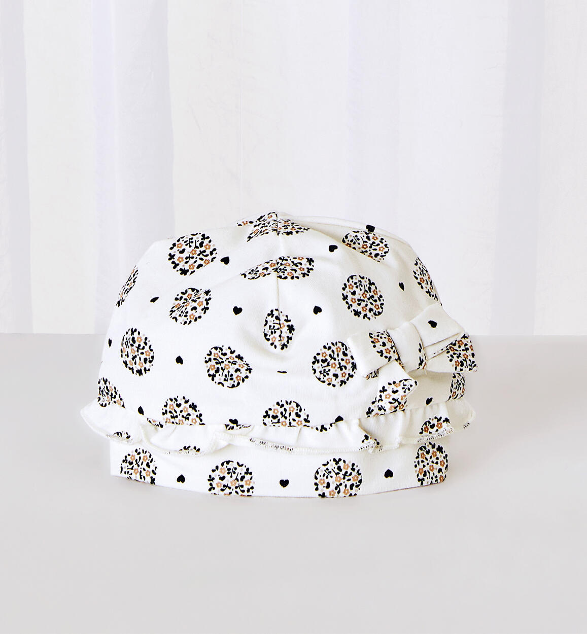 Cappellino modello cuffia con fiocco neonata PANNA iDO