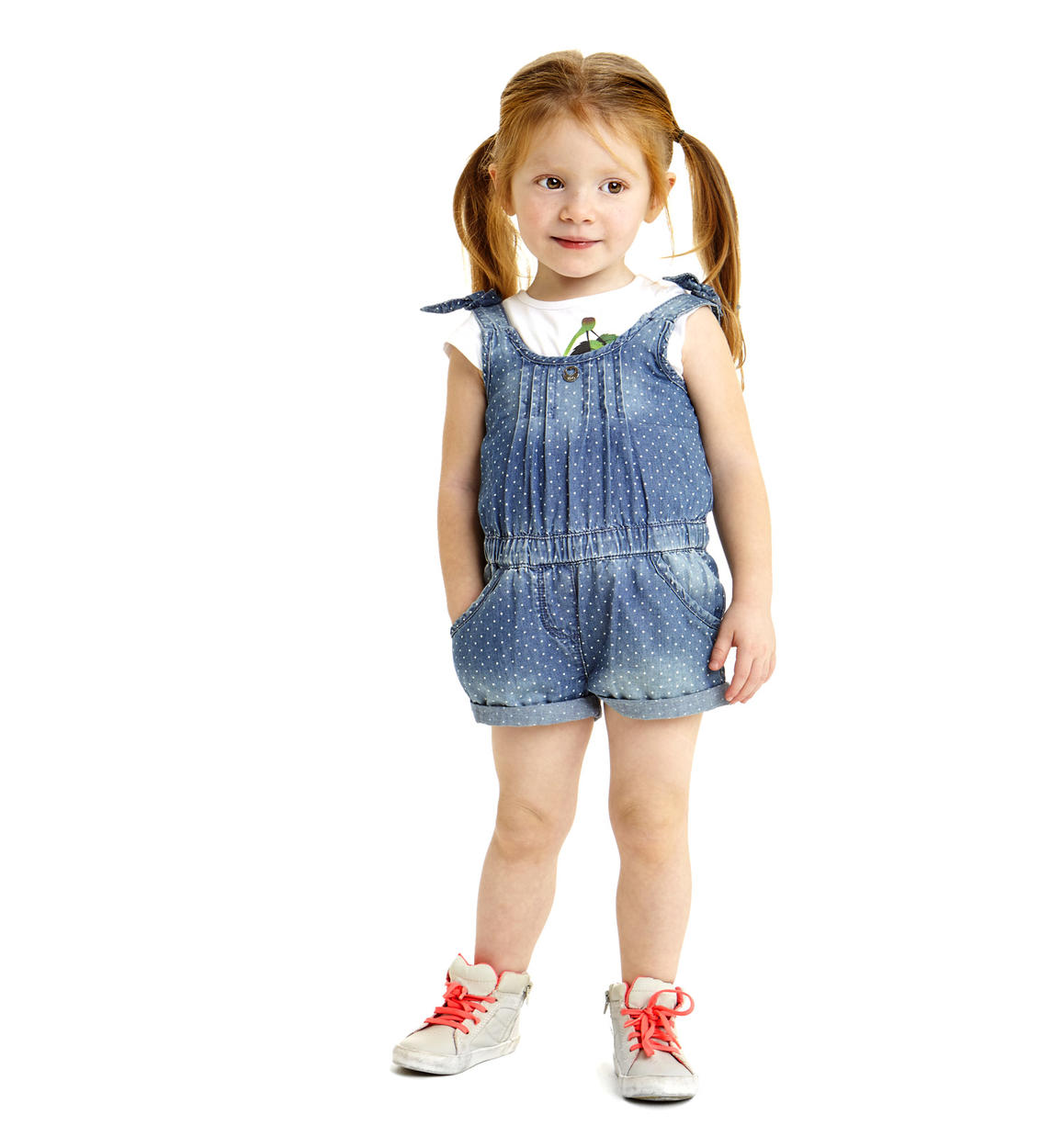 Salopette corta per bambina in denim leggero a pois vestibilità da 6 mesi a  7 anni iDO - TUTE \u0026 COMPLETI - 3-16 Anni - Bambina