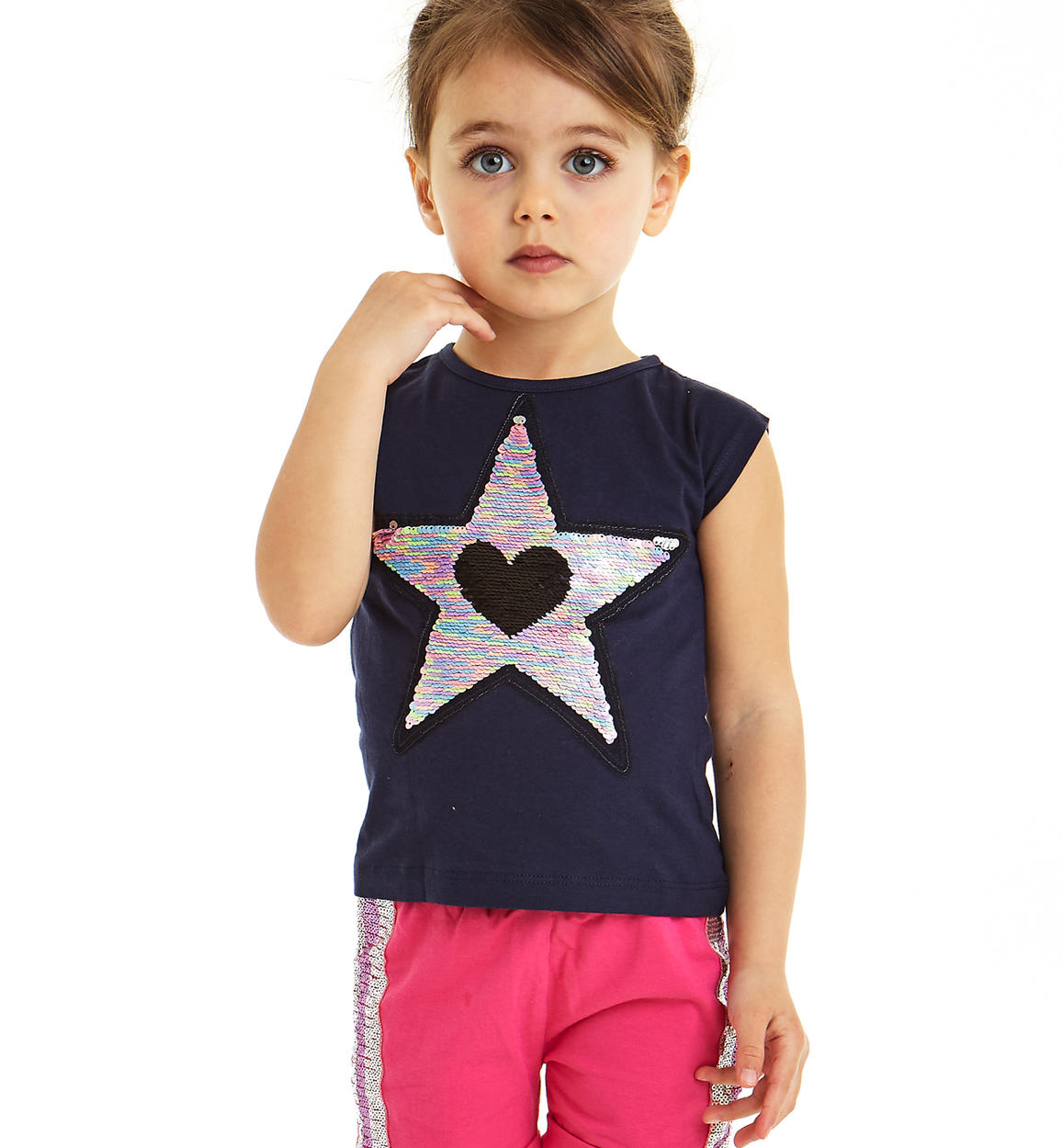 T shirt 100 cotone con cuore e stelle di paillettes reversibili per bambina da 6 mesi a 7 anni iDO