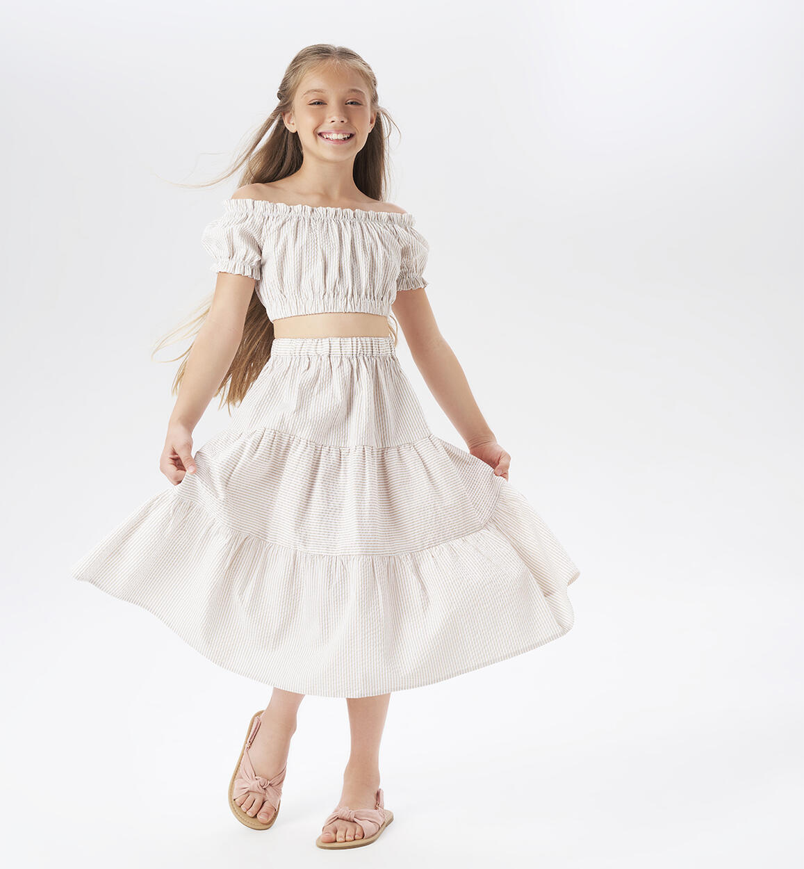 iDO cool striped outfit for girls from 8 to 16 years BEIGE iDO