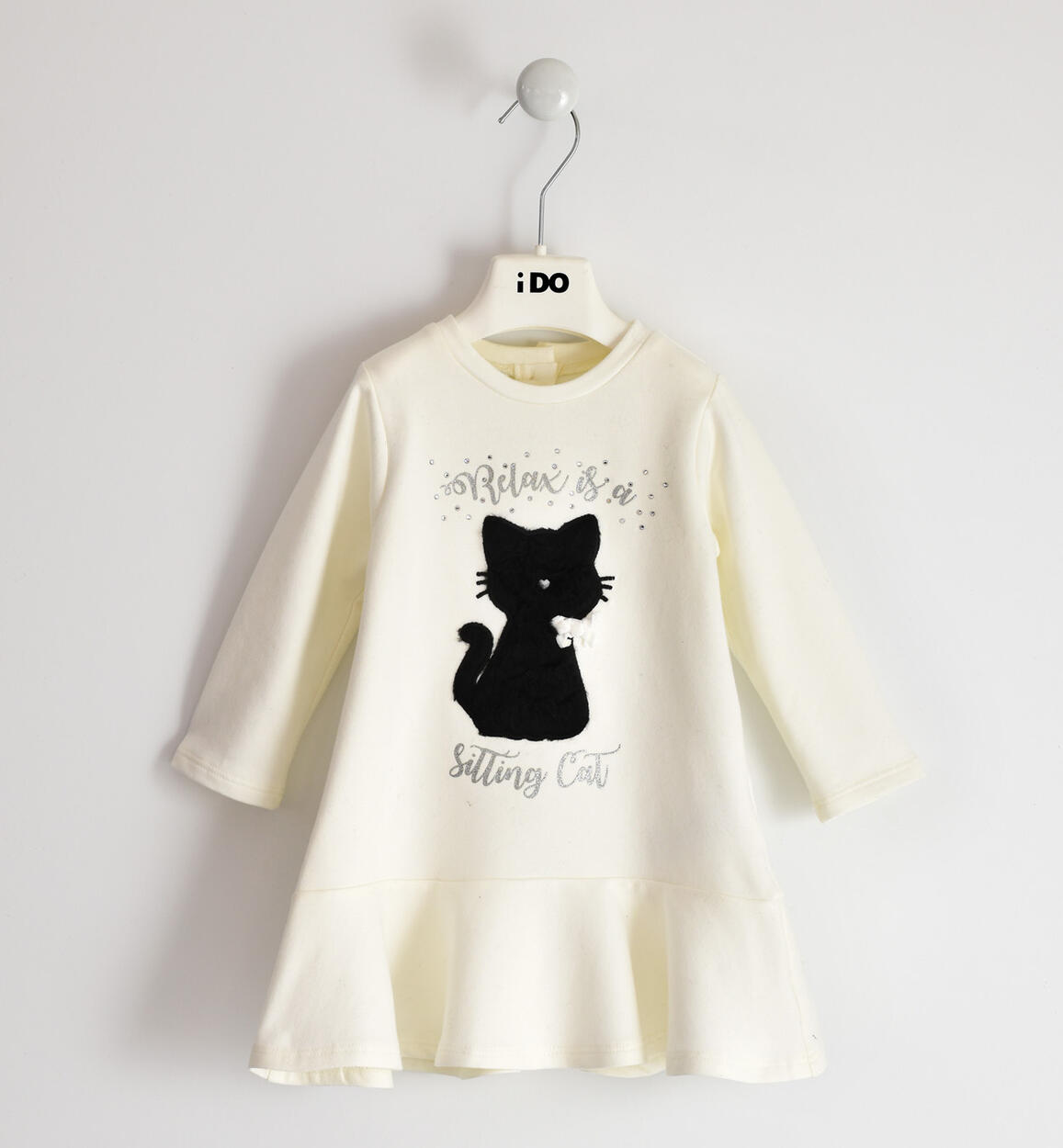 Pratico vestito in felpa stretch di cotone con ricamo gatto per bambina da 6 mesi a 7 anni iDO