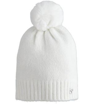 Caldo cappello modello cuffia per bambina con pompon sarabanda PANNA-0112