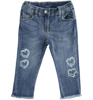 Pantalone per bambina in denim con cuori e strass sarabanda STONE WASHED-7450