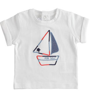 T-shirt 100% cotone con ricamo barca minibanda BIANCO-0113