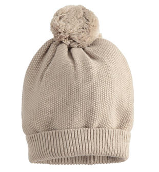Cappello modello cuffia in tricot con pompon minibanda