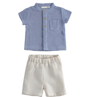 Completino neonato camicia 100% cotone e pantalone 100% lino minibanda AVION-3552