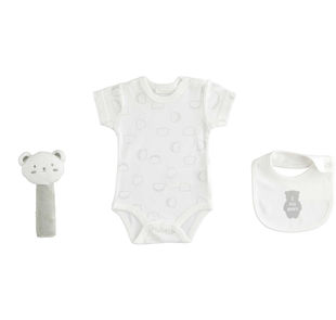 Kit regalo neonato unisex con sonaglio, bavaglino e body minibanda PANNA-0112