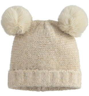 Cappello modello cuffia per bambina con pompon ido BEIGE MELANGE-8938
