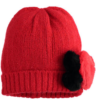 Cappello cuffia per bambina in morbido filato effetto bouclé e pompon ido ROSSO-2253