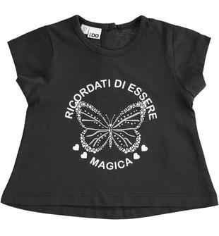 T-shirt 100% cotone con stampa farfalla e strass ido NERO-0658