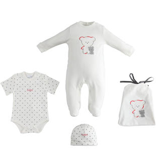 Grazioso kit unisex per bambini con tutina intera, cappellino modello cuffia, body e comodo sacchetto ido