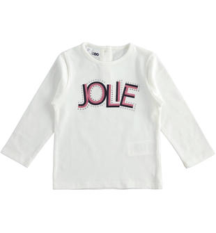 Maglietta girocollo con scritta "Jolie" in strass e glitter ido