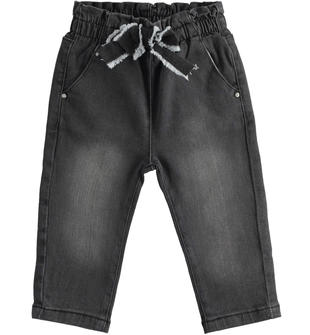 Pantalone in denim stretch con fiocco e vita arricciata ido NERO-7990
