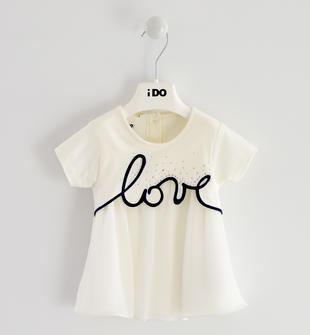 T-shirt bambina in cotone stretch con inserto in voile e bordo ricamato ido PANNA-0112