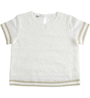 Top bambina a manica corta in pizzo misto cotone ido PANNA-0112