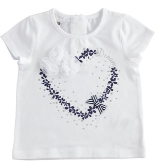 T-shirt bambina mezza manica in cotone con romantica stampa monocromatica ido