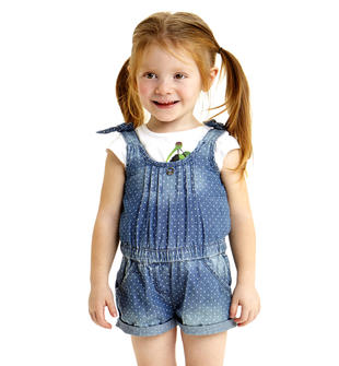 Salopette corta per bambina in denim leggero a pois ido